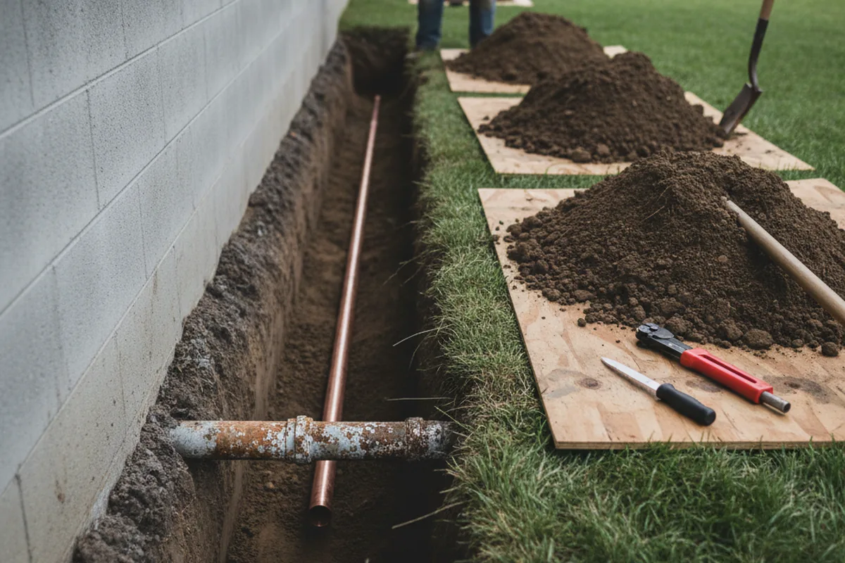 Excavated water line trench during Sewer Line Repair in Brownsville